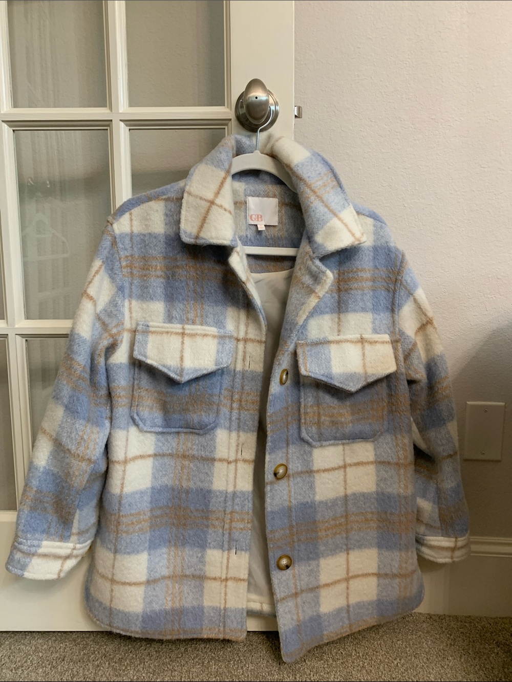 GB girls Blue White & Tan Plaid Shacket